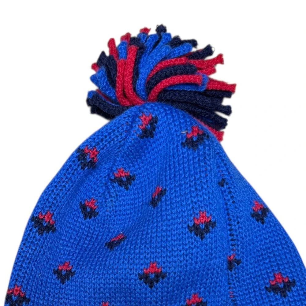 Vintage Lands End‎ Wool Beanie Headband Set Blue Red Geometric Pom Pom One Size